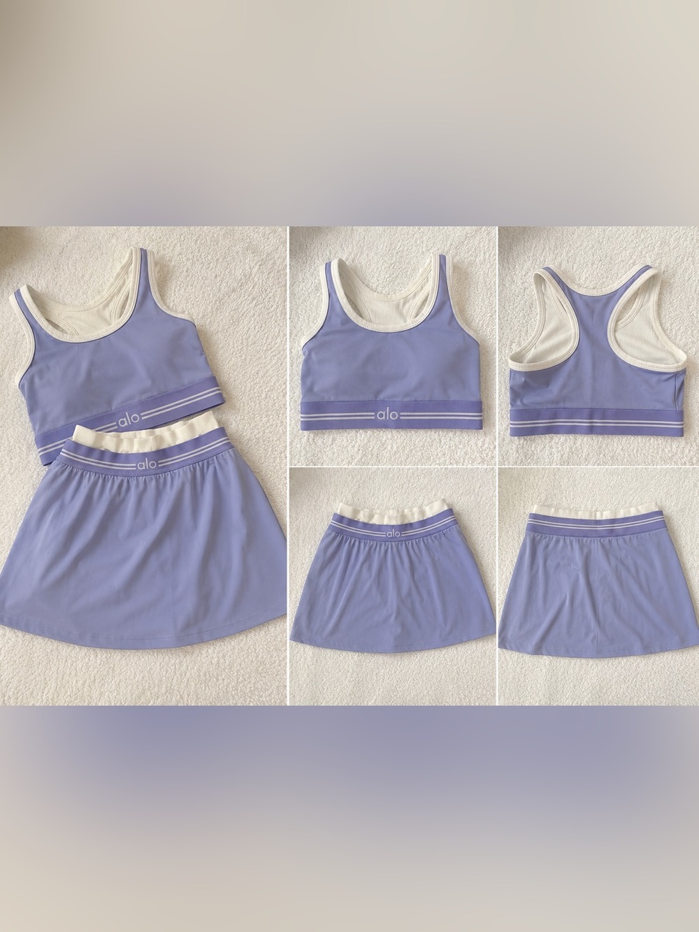 ALO Yoga Lavender Sports Bra and Skort Set with Cream Trim